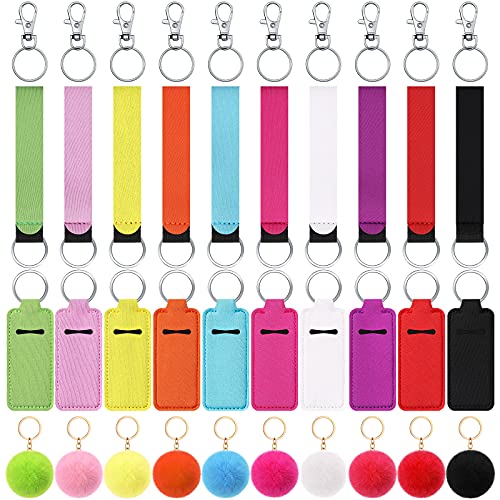 Junkin 40 Pcs Lipstick Holder Keychain Lip Holder, Clip on Lipstick Pouch Fluffy Ball Keychain with Keyring (Colorful Style)