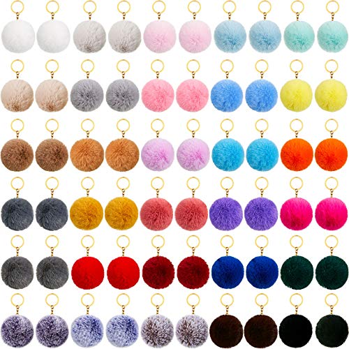 Hicarer 60 Pieces Colorful Poms Keychains Fluffy Ball Faux Fur Keyring for Women (3 Inch)