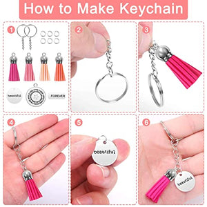 350Pcs Motivational Keychain Accessories Set with 50 Engraved Inspirational Words Charms, 50 Leather Keychain Tassels, 50 Keyring with Chain, 200 Open Jump Rings for Keychain Making, DIY Crafting