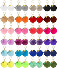 Load image into Gallery viewer, 48 pieces Pom Poms Keychains Bulk Puff Ball Keychain Fluffy Soft Artificial Faux Fur Puff Ball Keychain Accessories with Tassels and Keyrings for Women Girls
