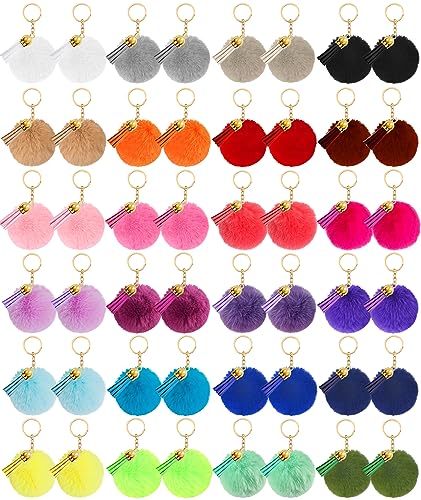 48 pieces Pom Poms Keychains Bulk Puff Ball Keychain Fluffy Soft Artificial Faux Fur Puff Ball Keychain Accessories with Tassels and Keyrings for Women Girls